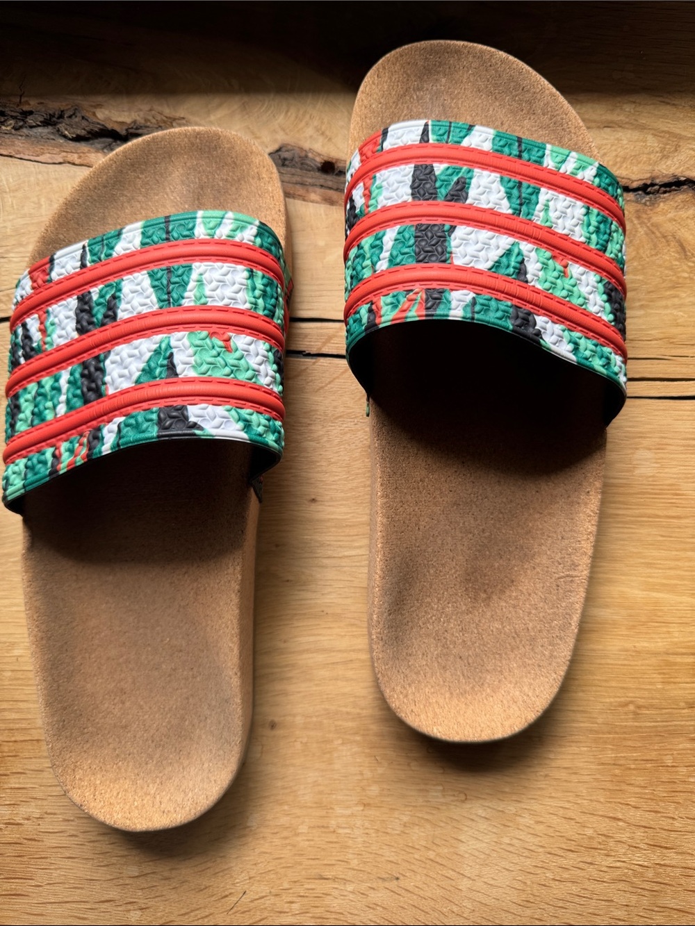 Adidas Slide Sandals in Green, White & Orange